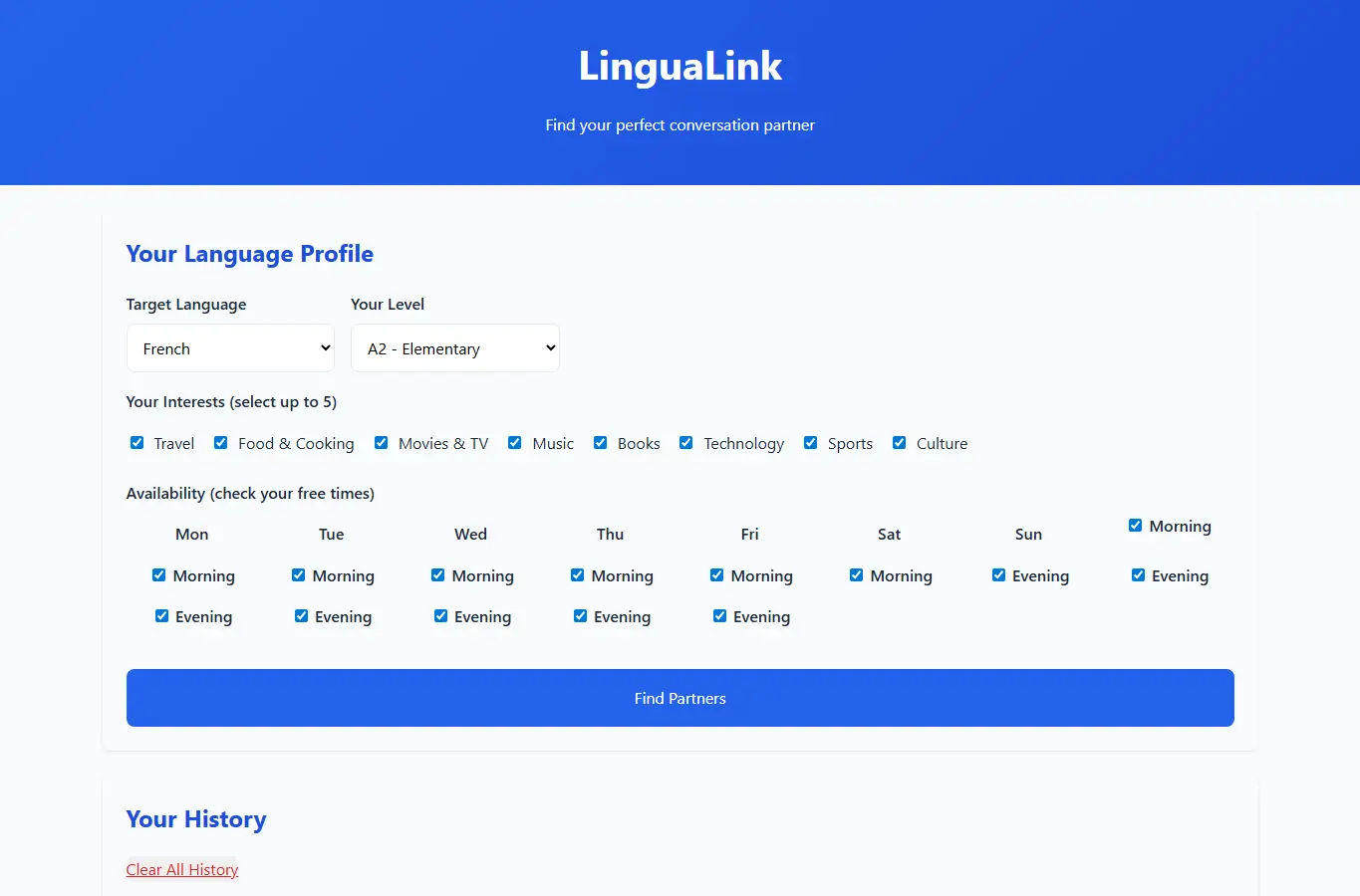 Screenshot of LinguaLink: Conversation Partner Finder interface showing the project page in use